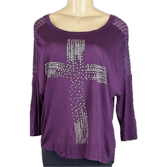 Estam L Purple Studded Cross Crew Neck Step-Hem Open Weave Back 3/4 Sleeve Top - Picture 2 of 6